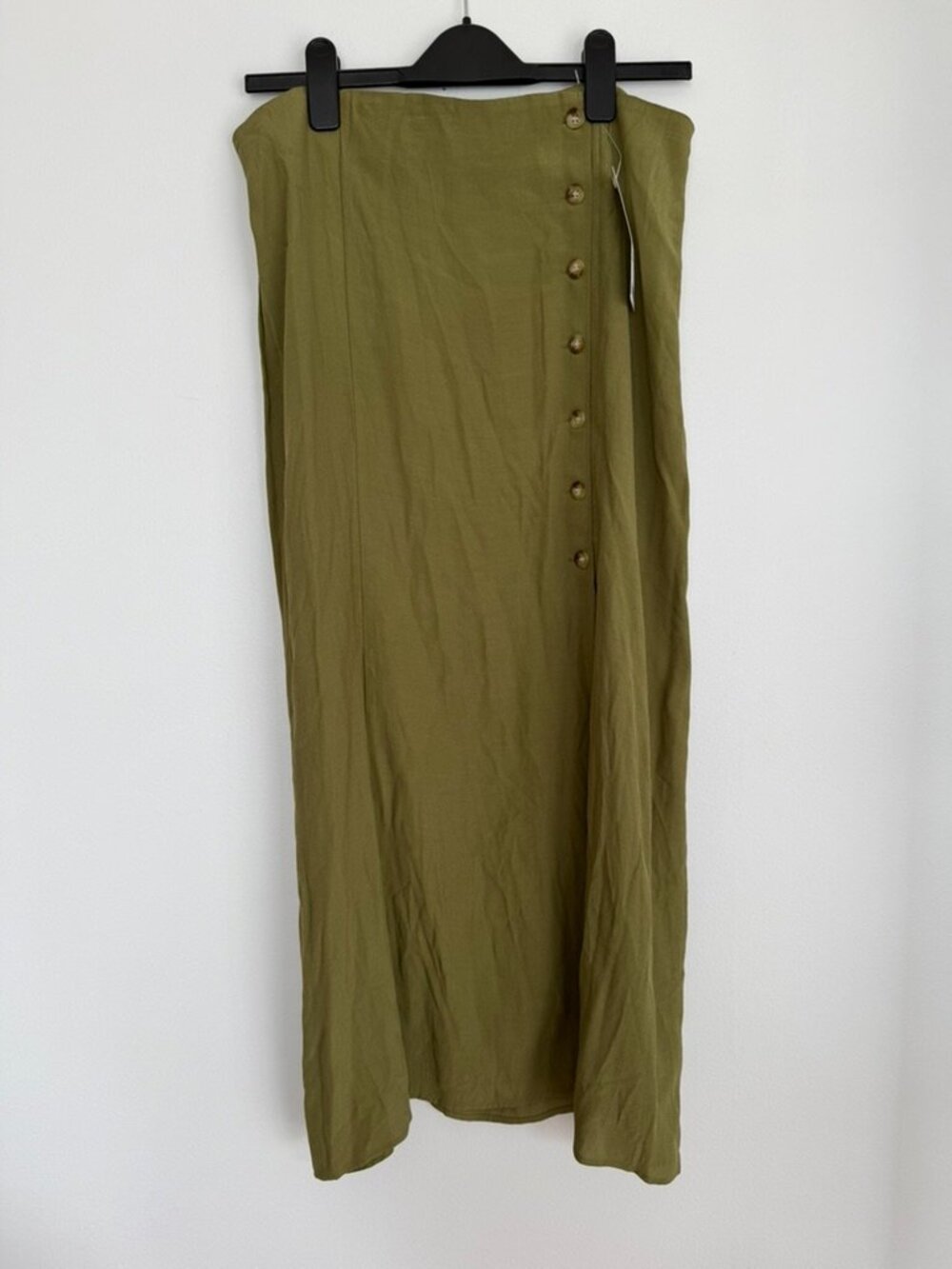 $79 Retail Urban Outfitters Olive Green Button Front Midi Skirt Linen Viscose - Picture 2 of 12